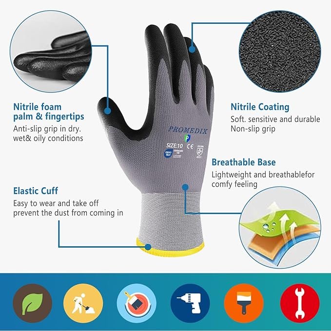 Nitrile Coated Work Gloves,MicroFoam Safety Work Gloves 12 Pairs - Image 2