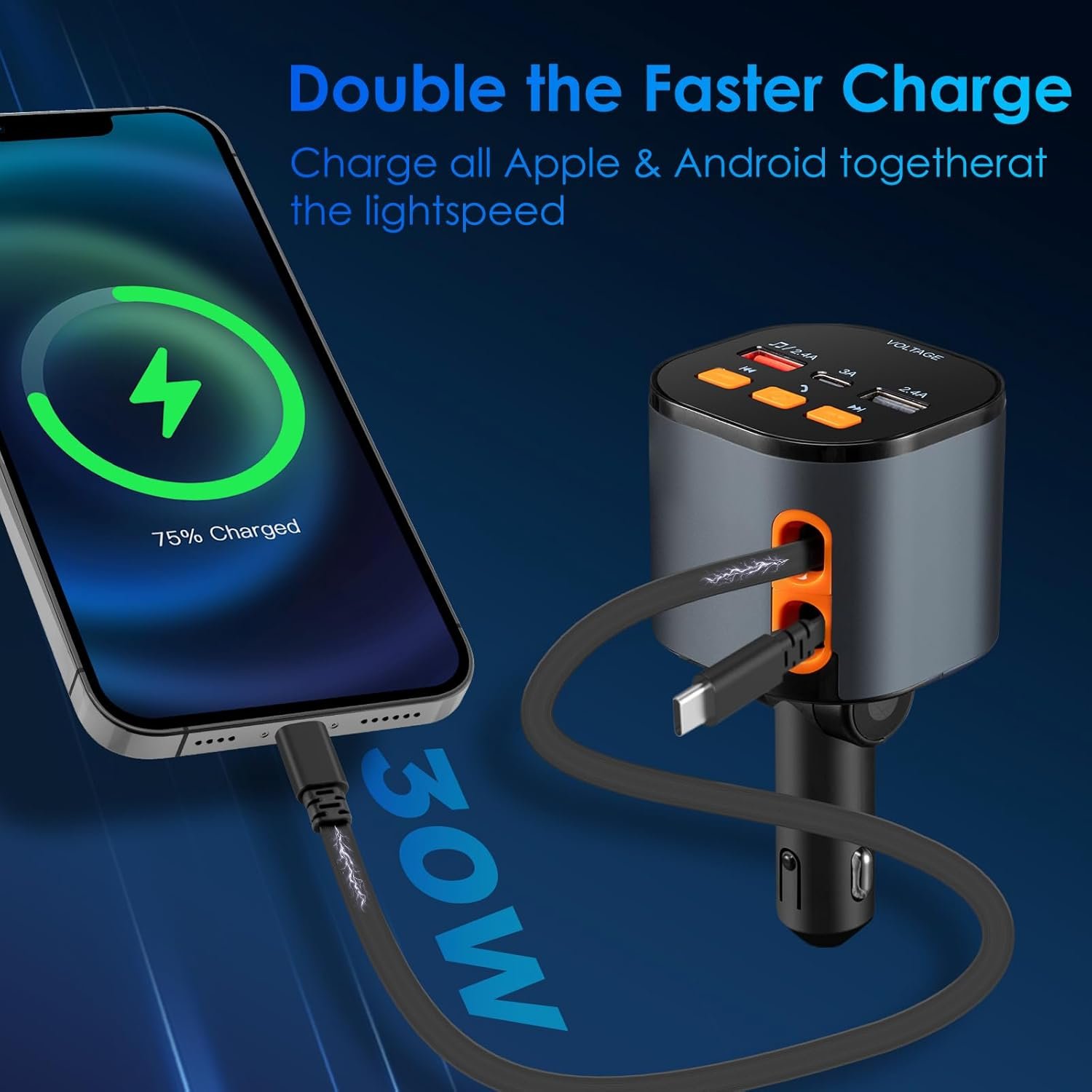 5 in 1 Retractable Car Charger, Fast Car Phone Charger 90W, Bluetooth 5.3 FM Transmitter Adapter - Image 3