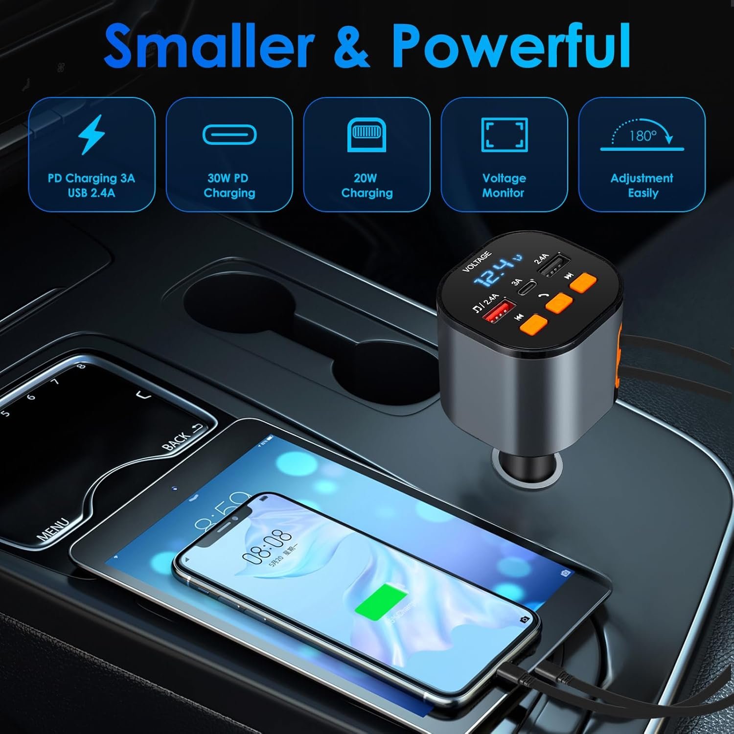 5 in 1 Retractable Car Charger, Fast Car Phone Charger 90W, Bluetooth 5.3 FM Transmitter Adapter - Image 4