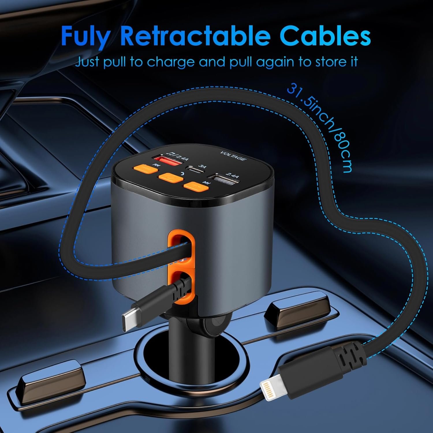 5 in 1 Retractable Car Charger, Fast Car Phone Charger 90W, Bluetooth 5.3 FM Transmitter Adapter - Image 6